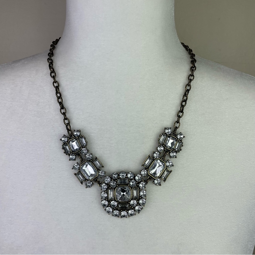 J Crew Rhinestone Art Deco Statement Necklace Antique Brass Finish Chain